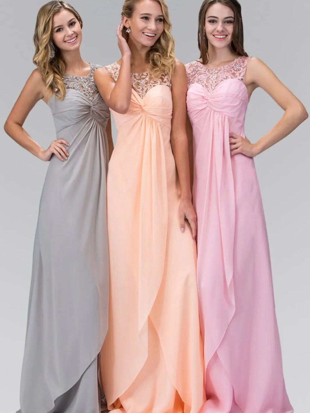 NEW PEACH Chiffon & Beaded Illusion Neckline Prom Gown GL2061